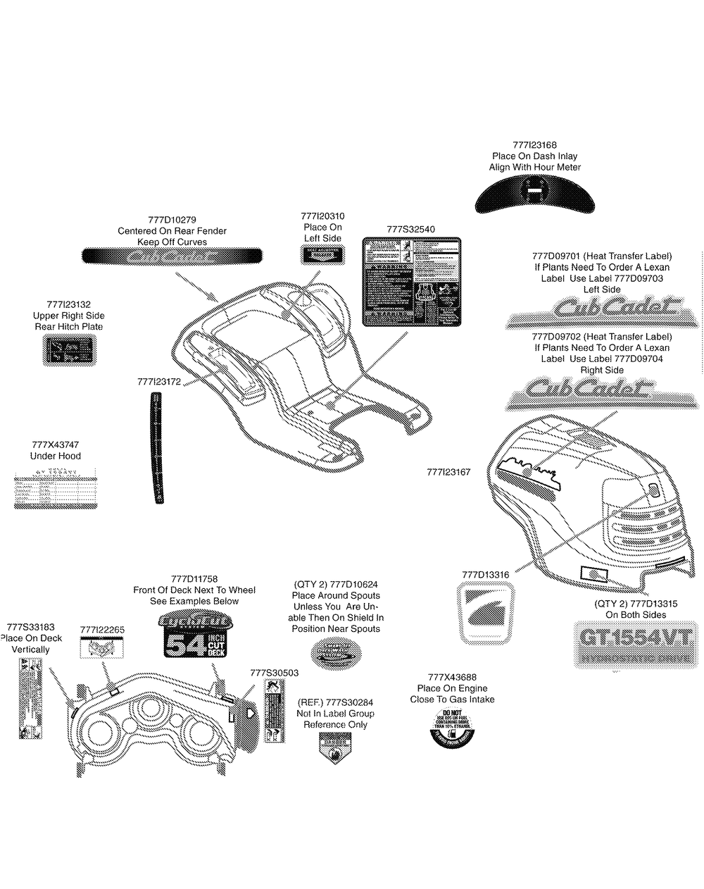 Label Map Diagram and Parts List for GT1554VT 14VR13CK009-14VR13CK010 Cub Cadet Lawn Tractor